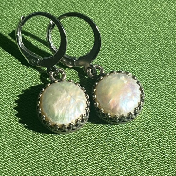 White Pearl Dangle Earrings, Coin Pearl Earrings, Wedding Jewelry - Picture 2 of 11
